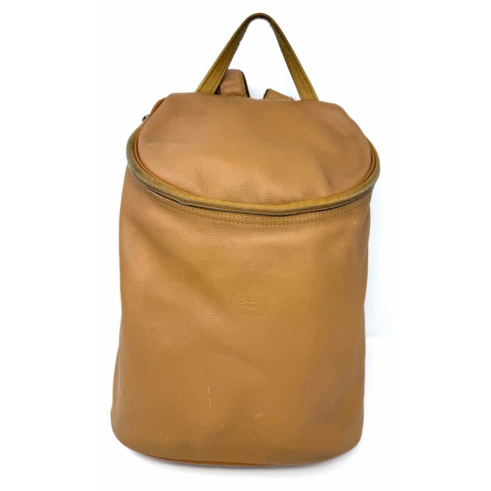 LONGCHAMP Leatherโ Backpack Beige Logo Vintage Bag Rucksack Rare Khaki Brown